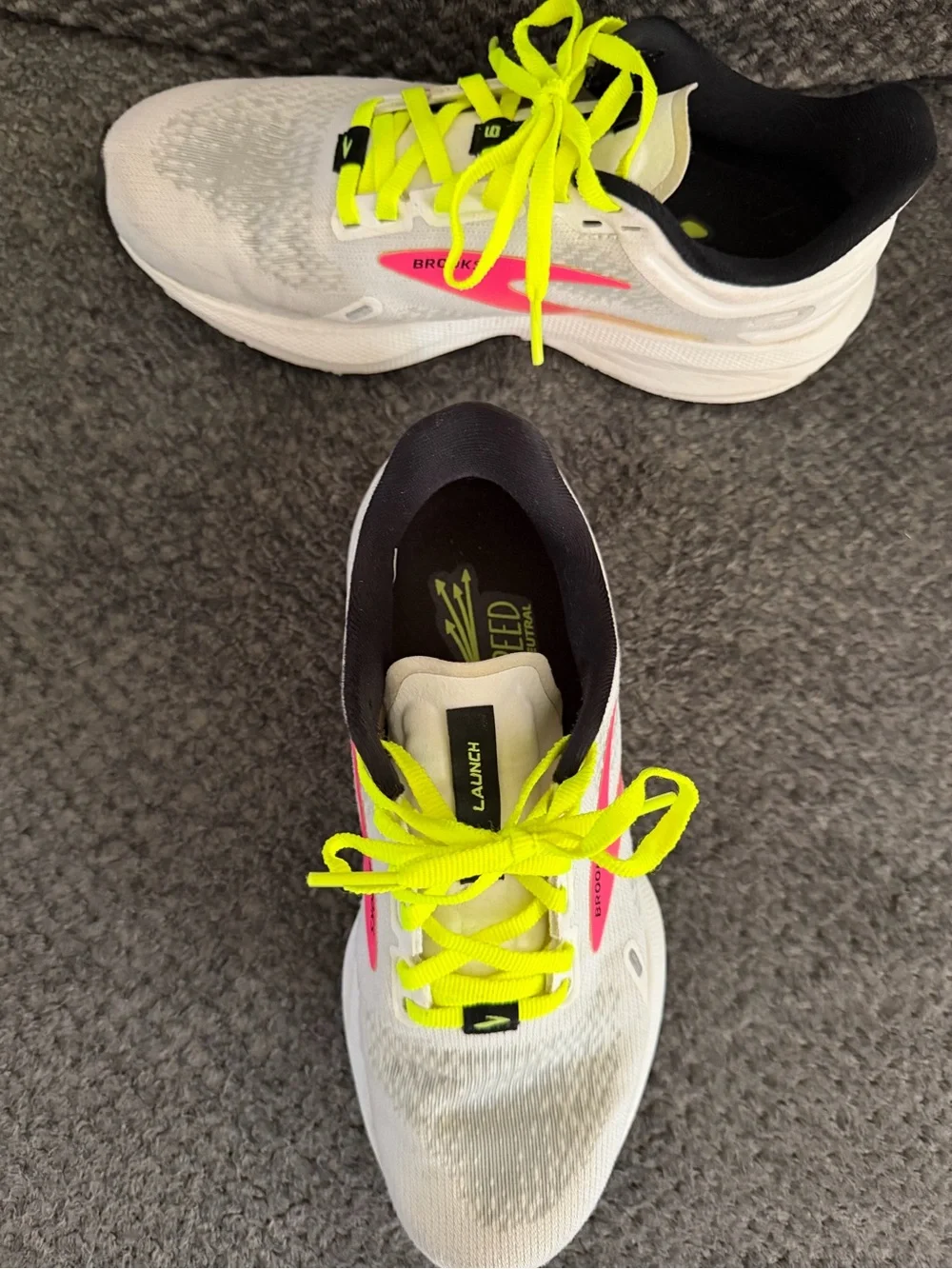 Brooks Women’s White Running Shoes with Neon Yellow Laces and Pink Accent